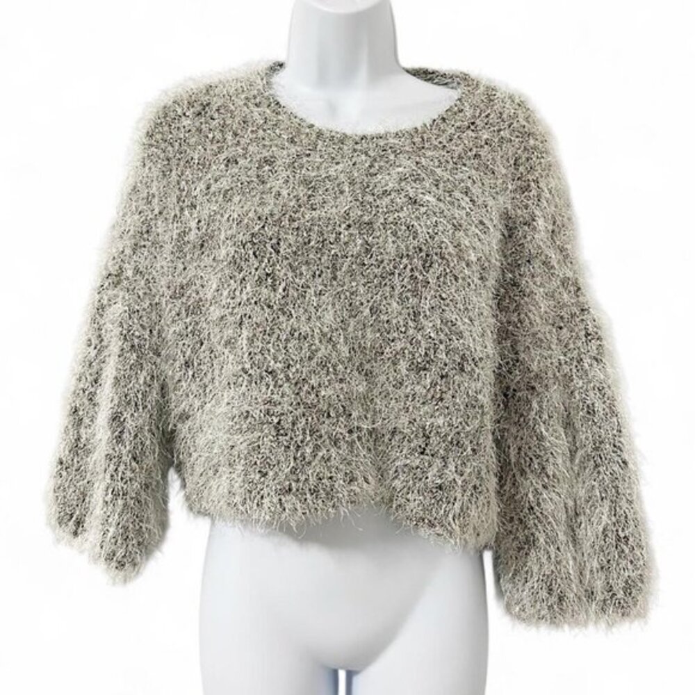 Women’s Sweater fuzzy metallic wide flare sleeve cropped silver gray sparkle